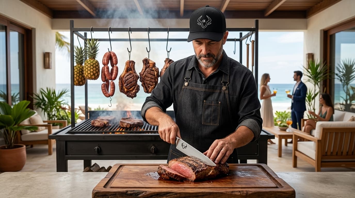 Buffet de Churrasco Alpha Bull — Mestre Parrillero em ação